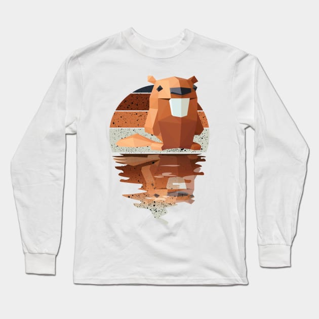 Vintage cute Beaver reflected on lights of moon Long Sleeve T-Shirt by mutarek